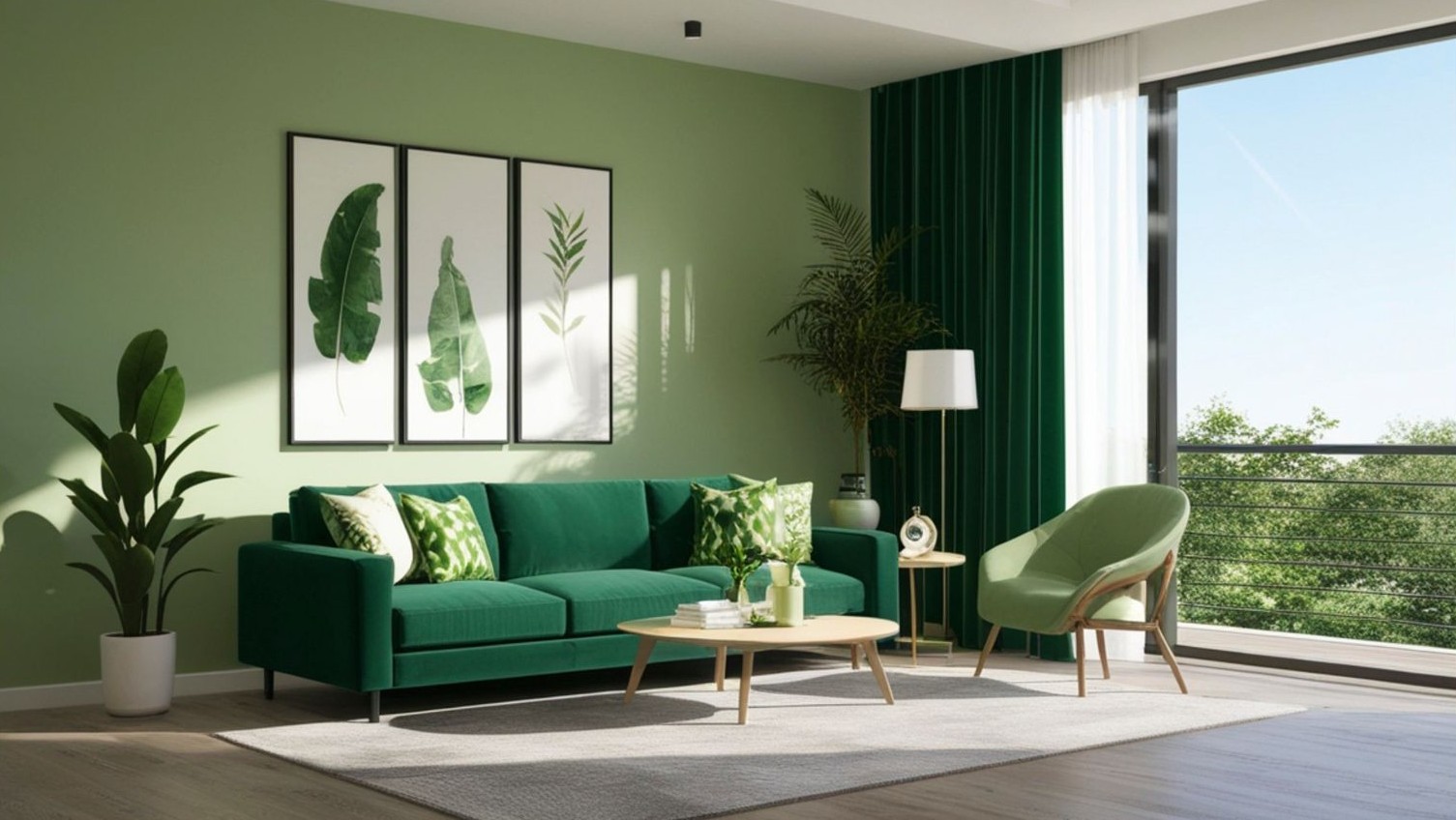 Finished living room with sage-green painted walls